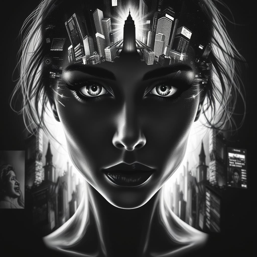 Surreal Cityscape in Noir et Blanc, Fractal Architecture and...