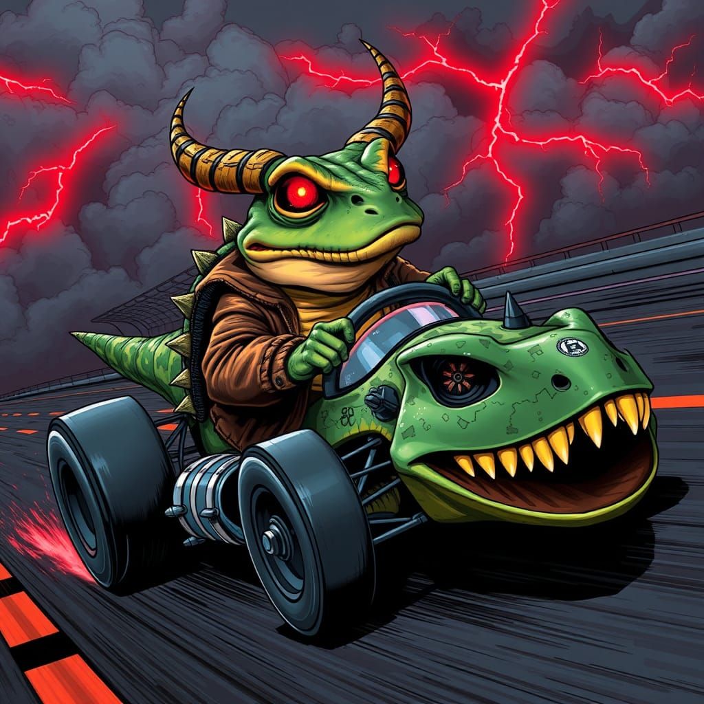 Toad Creature Drives T. Rex Car in Comic Book Style