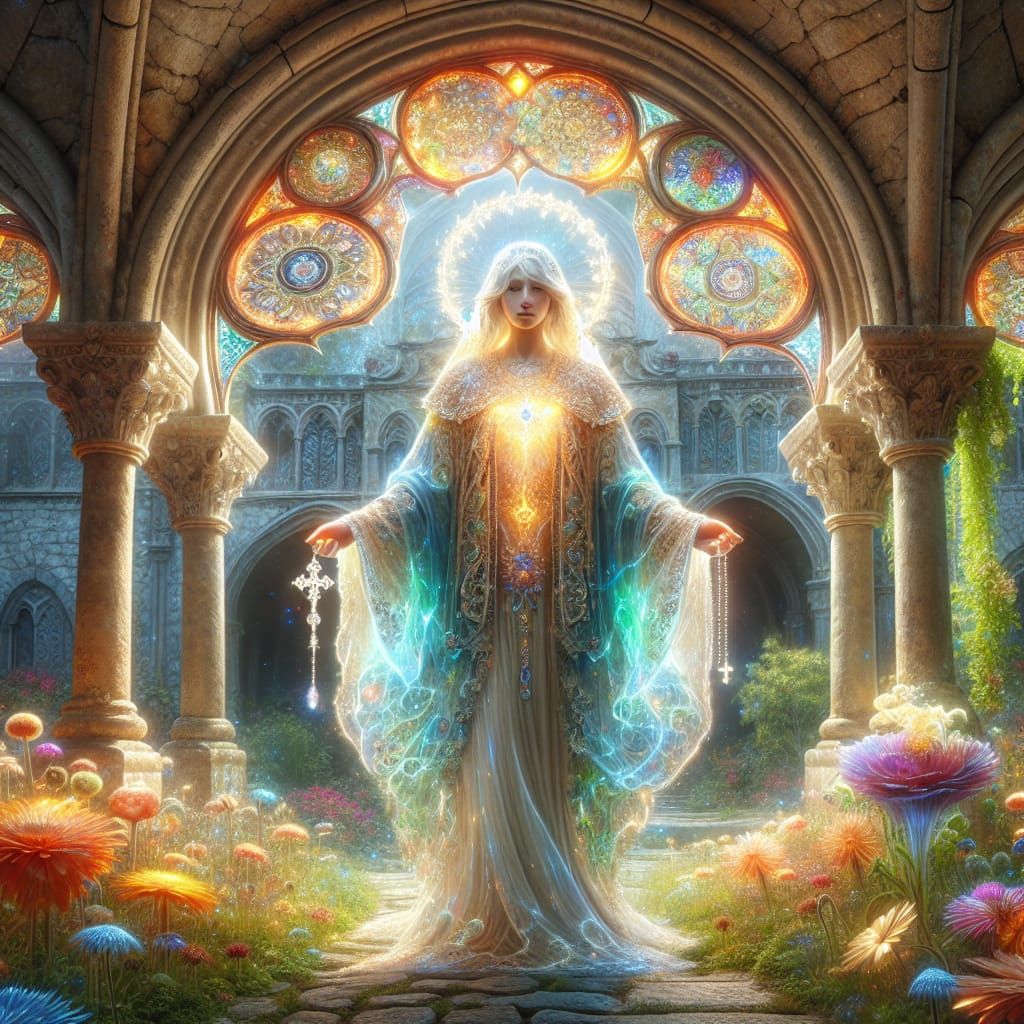 Ethereal Holy Mary in Ancient Garden