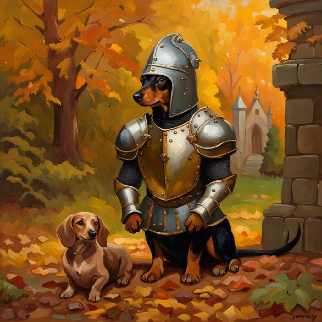 Dachshund Knight in Autumnal Garden, Gothic Cottagecore Styl...