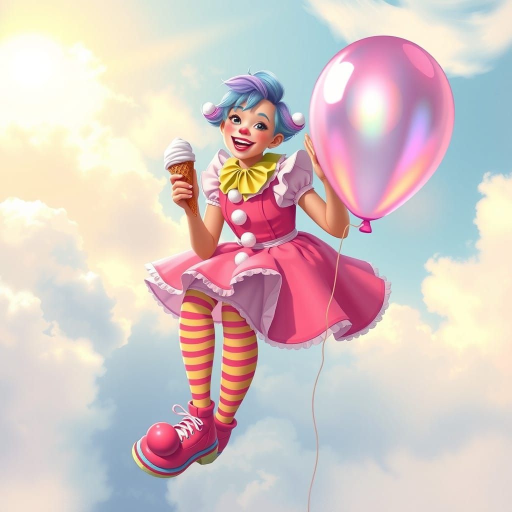 Whimsical Female Clown in Mid-Air Delight