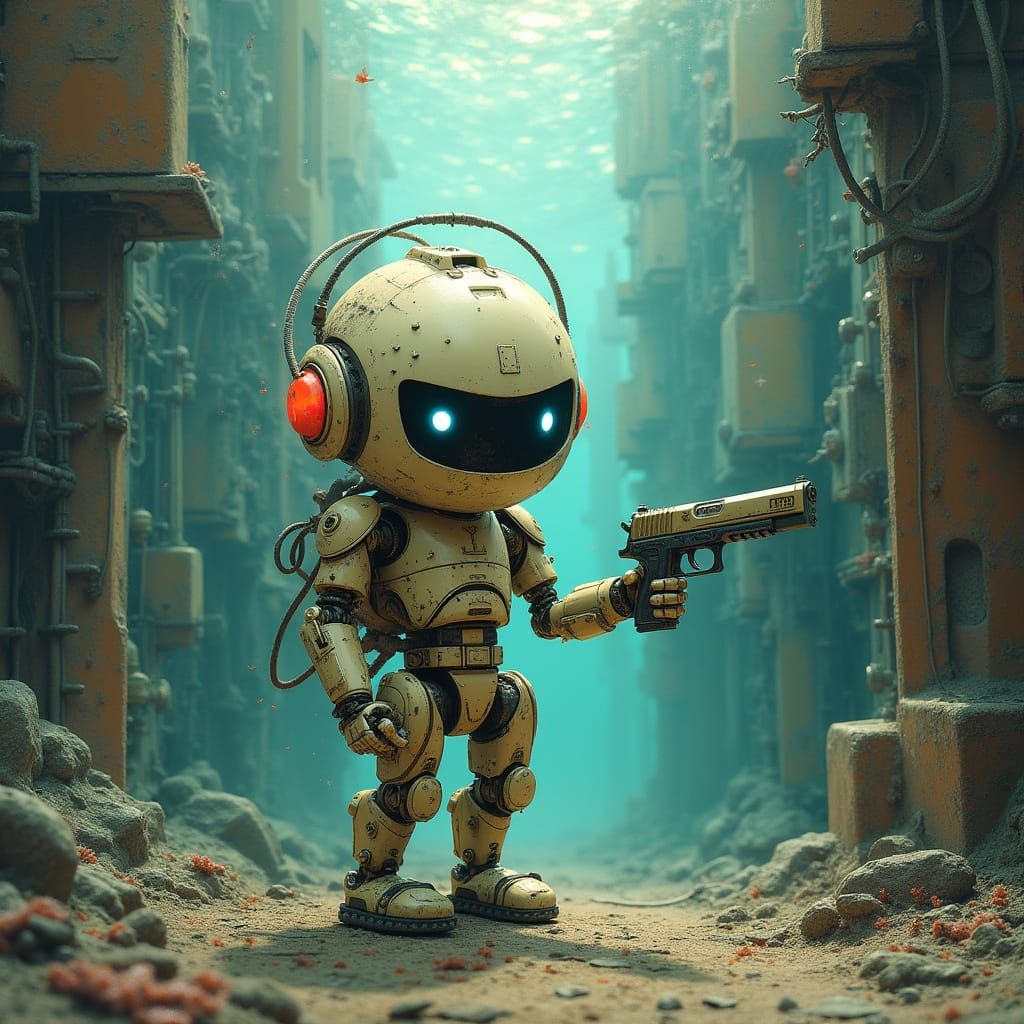 Underwater City: Cyber-Mechanical Figure with Pistol
