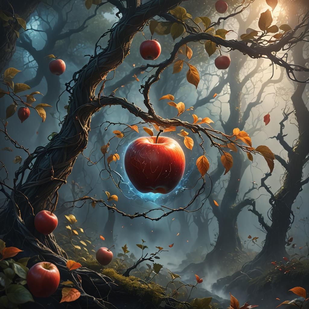 Glowing Apple in Mystical Forest, Art Nouveau Style