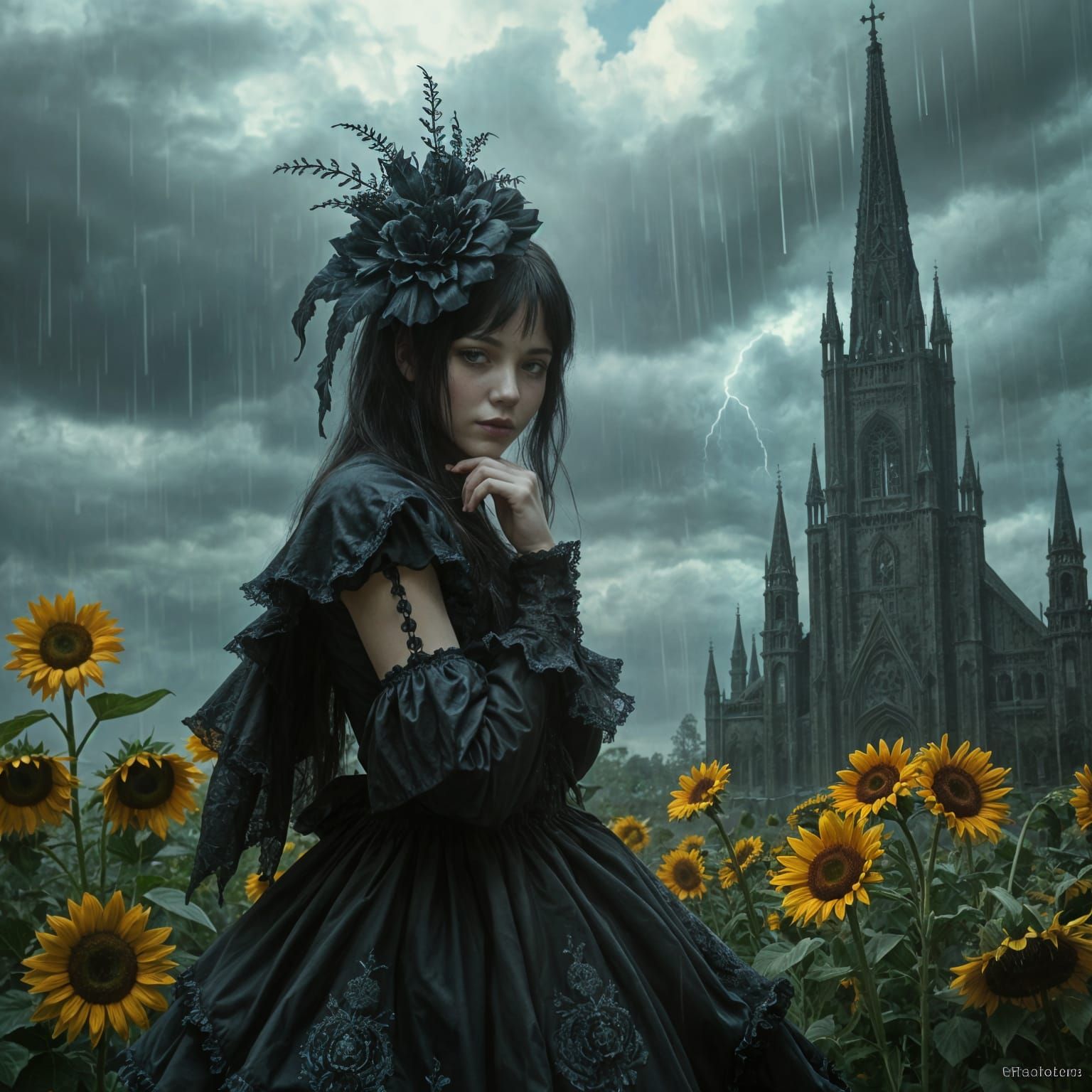 Gothic Mistress in Rainy Fantasy Landscape