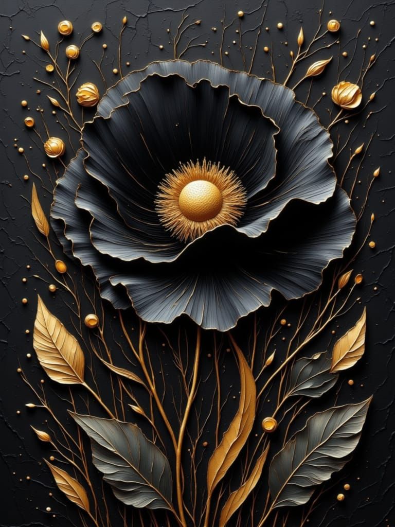 Black Poppy in Golden Impasto Oil Painting Style