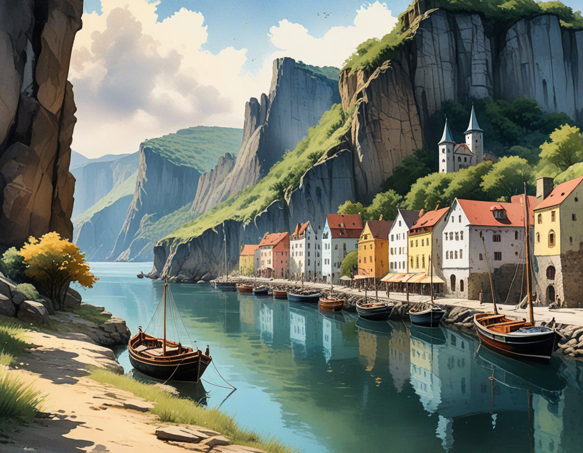Medieval Harbor by Vibrant Rock Cliff in Pastel Watercolor