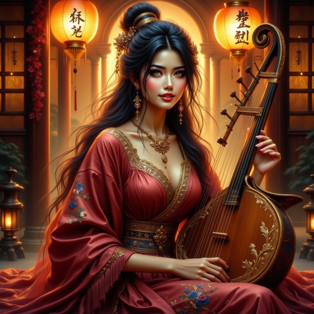 Goddess with Erhu Beneath Lantern Light