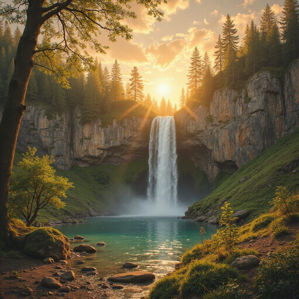 Spring Sunrise on Parchment: Hyperrealistic Waterfall Scene