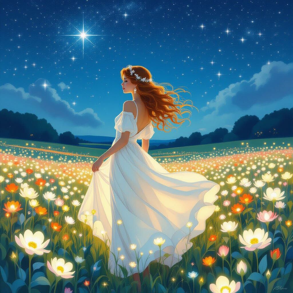 Bioluminescent Dreamscape: Woman in Starry Flower Field