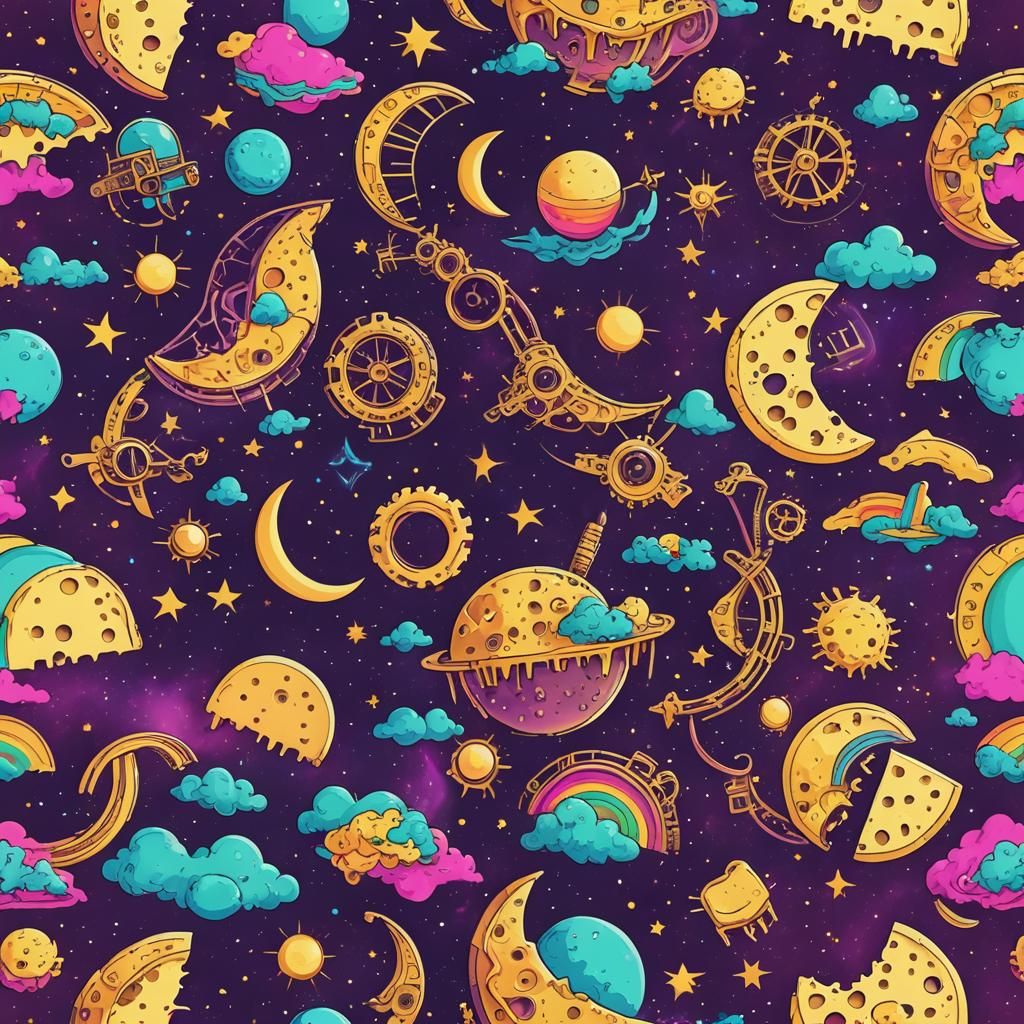 Steampunk Cheese Moon in Retro Synthwave Universe