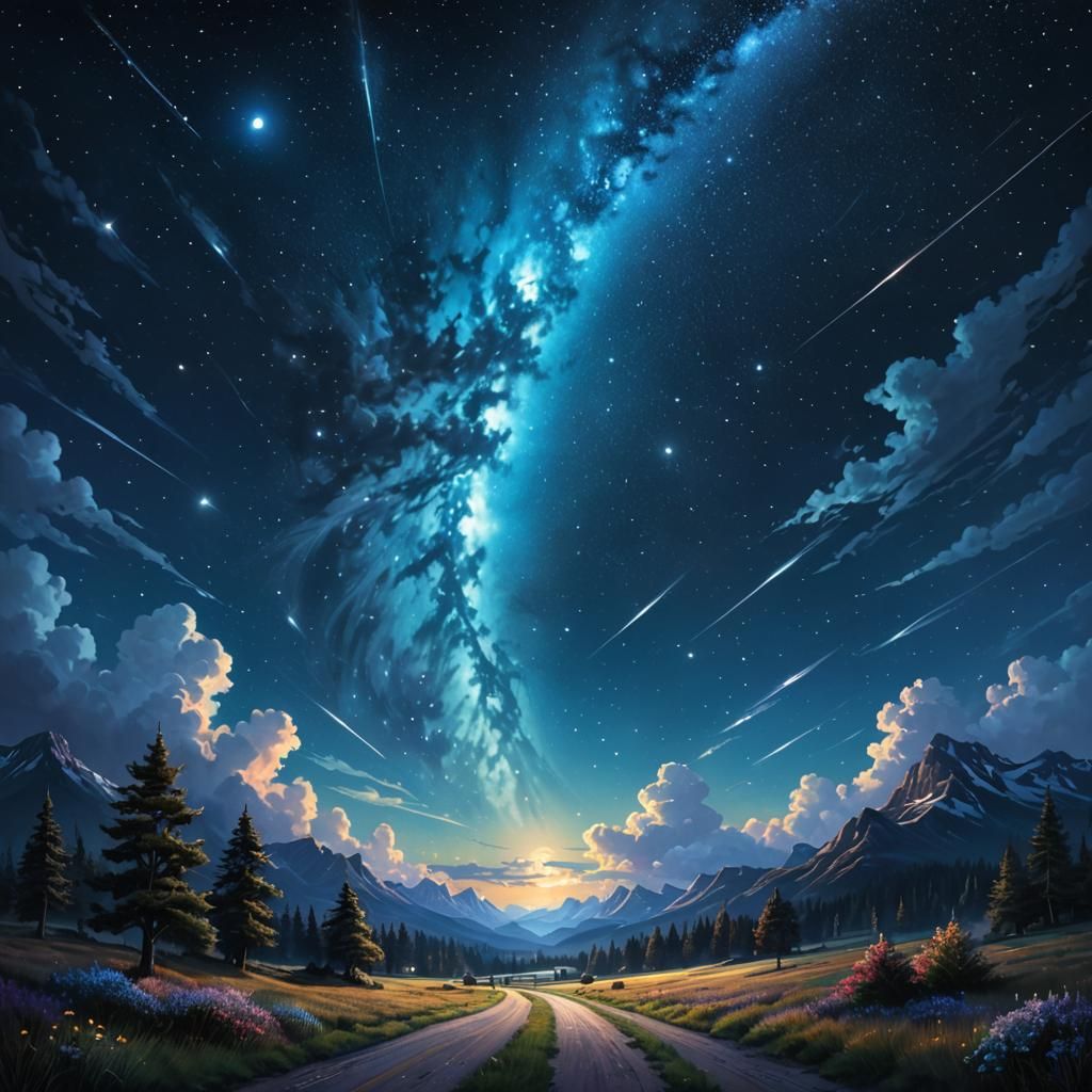 Majestic Night Sky with Shooting Stars in Fantasy Art