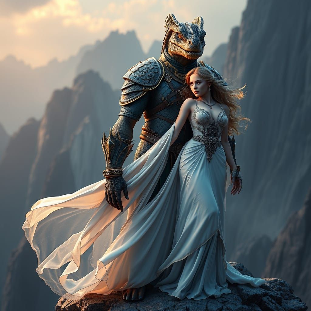 Ethereal Dark Fantasy Portrait of a Reptilian Man and a Woma...