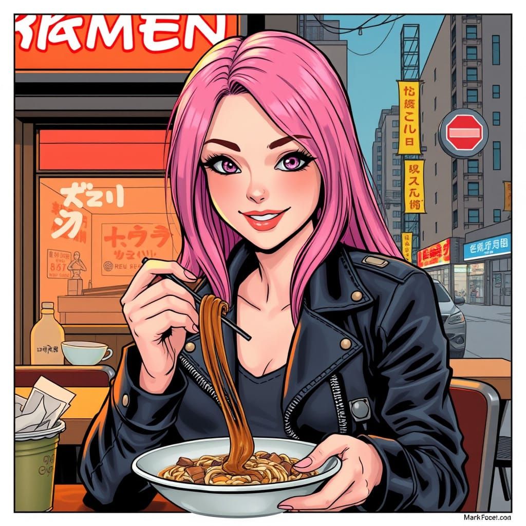 Violet-Eyed Woman Smiles Over Ramen in City