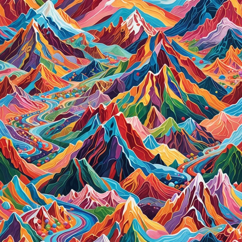 Vibrant Candy Mountains in Gouache Style