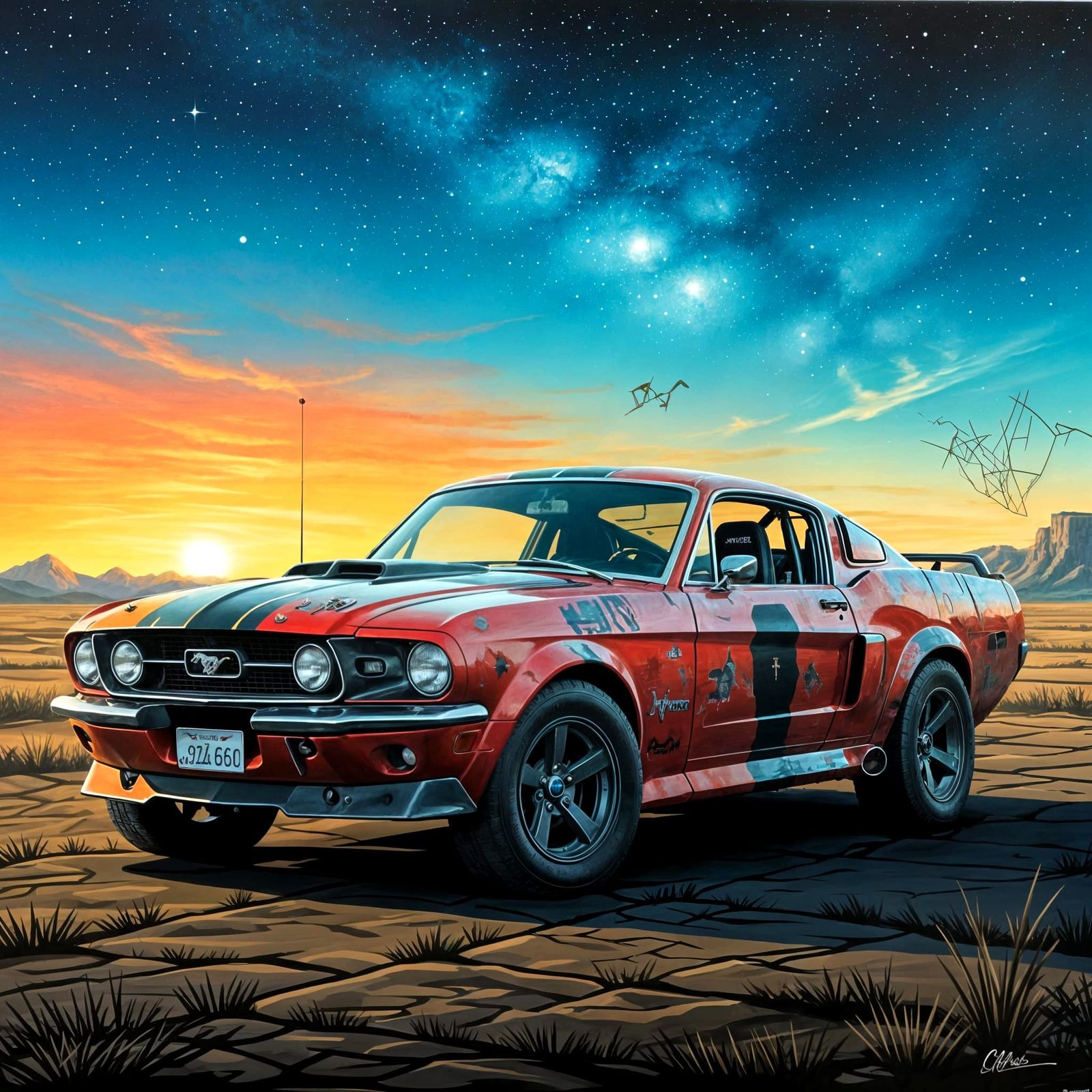 Post-Apocalyptic Mustang Nebula Painted in Dystopian Landsca...