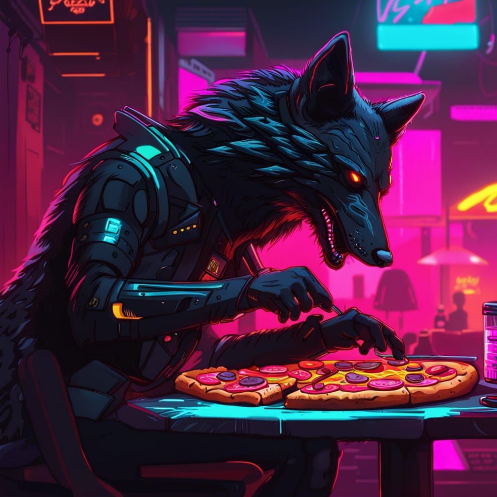 Black Wolf Enjoys Pizza in Cyberpunk Neon City