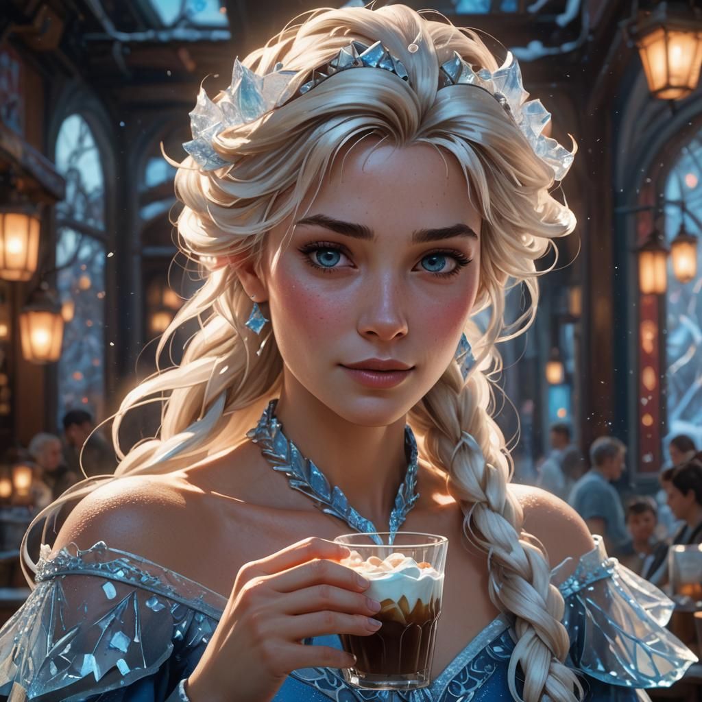 Elsa Inspired Iced Coffee Portrait in Art Nouveau Style