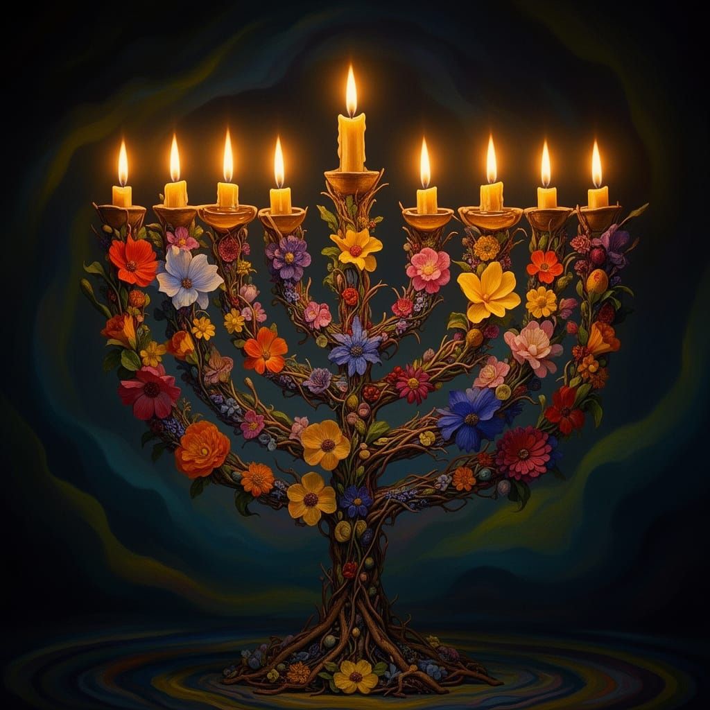 Flower Menorah Illuminated with Warm Light