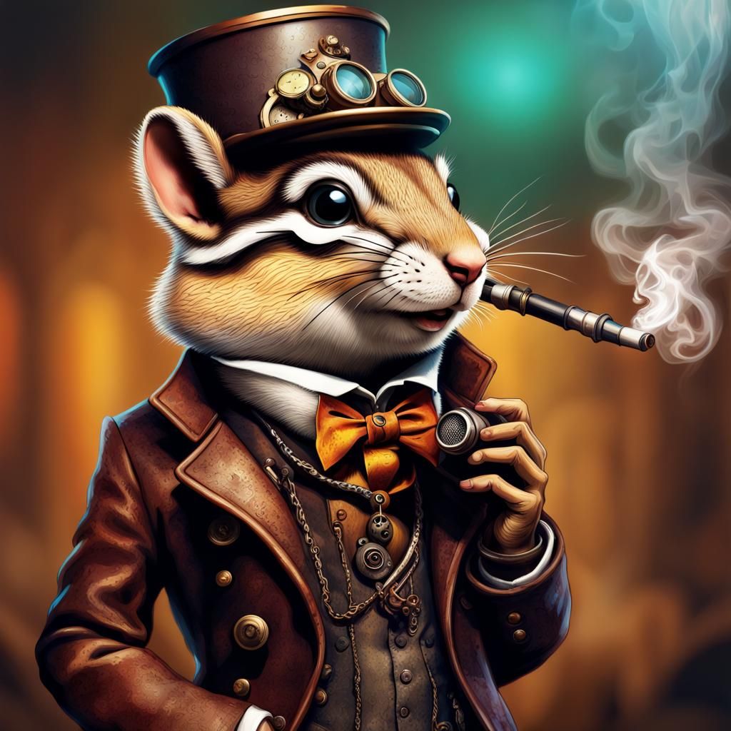 Steampunk Chipmunk Smoking Pipe in Hyperrealistic Splash Art