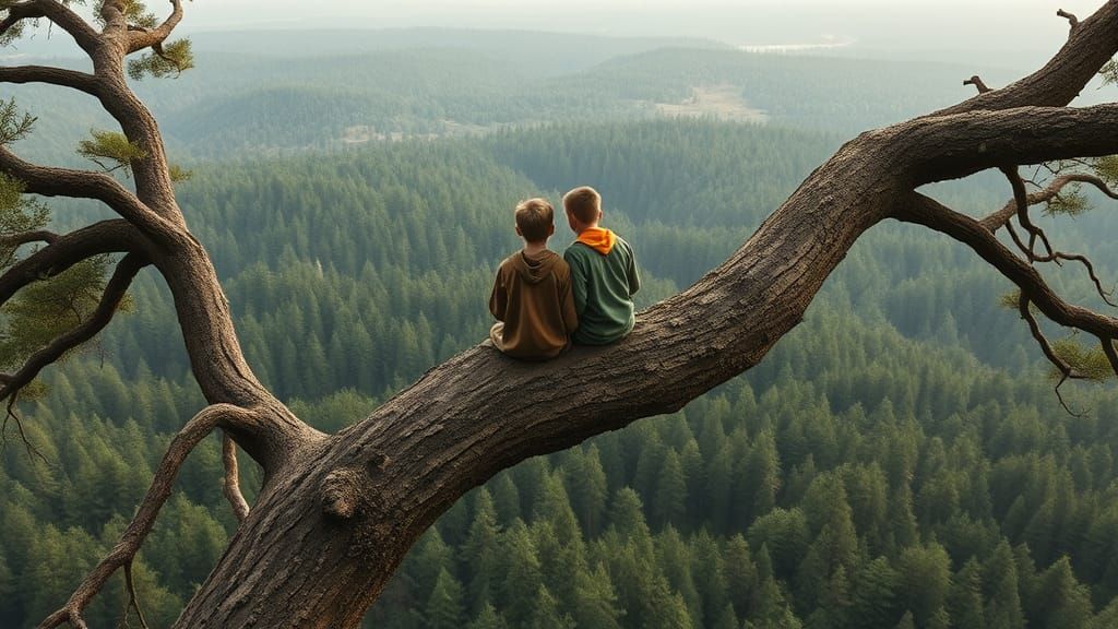 Boys in Ancient Forest Overlook Treetops
