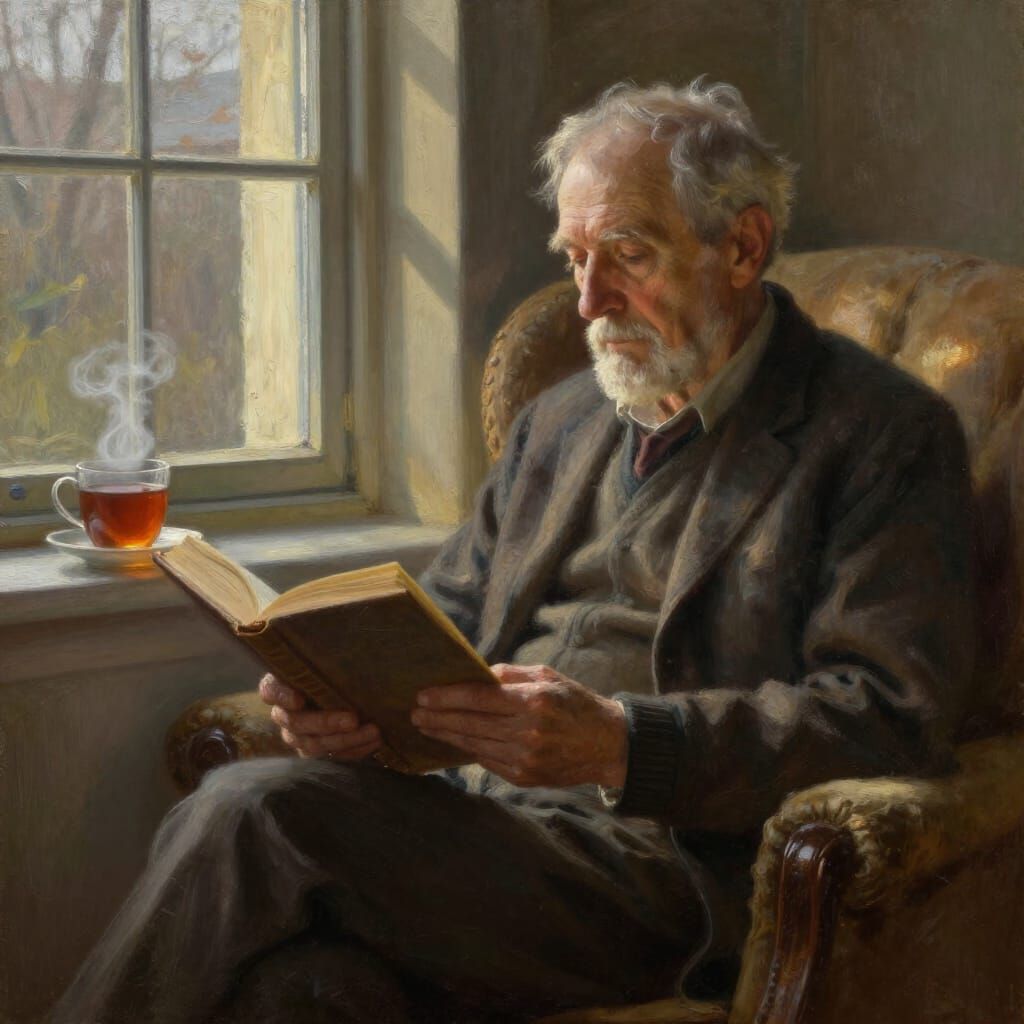 Elderly Man Reading by Window in Late Afternoon Light