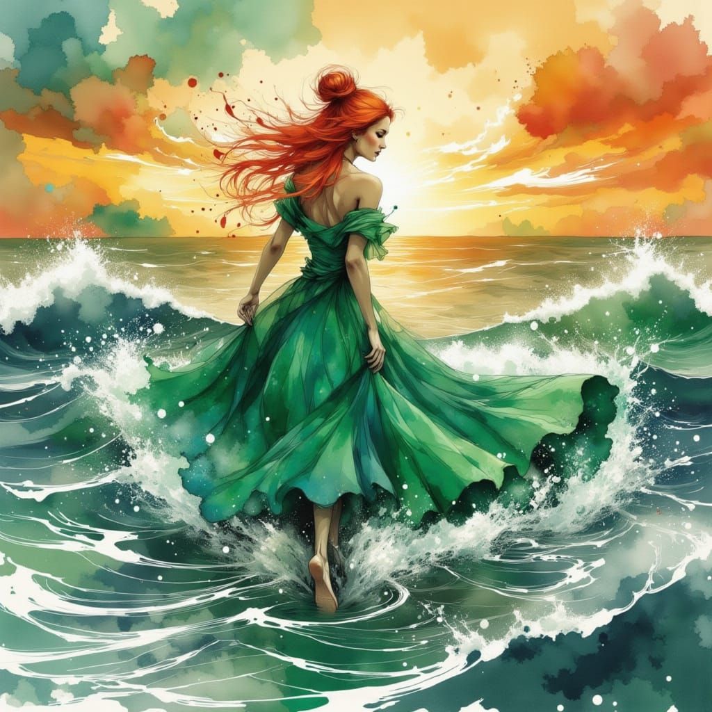 Woman in Emerald Dress Walking in Waves as Watercolor