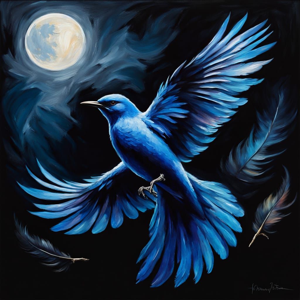 Majestic Blue Bird Takes Flight in Midnight Sky