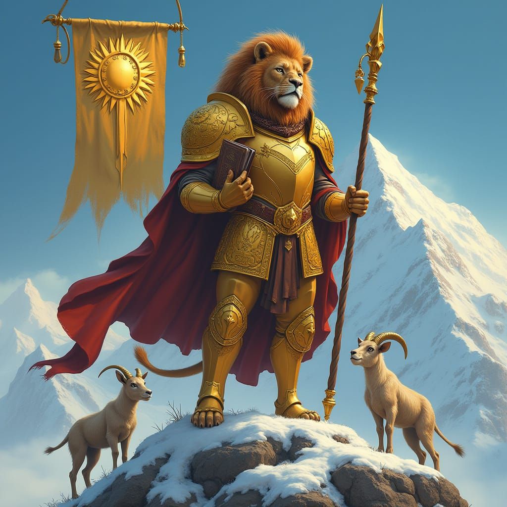 Armored Lion King on Mountain Peak