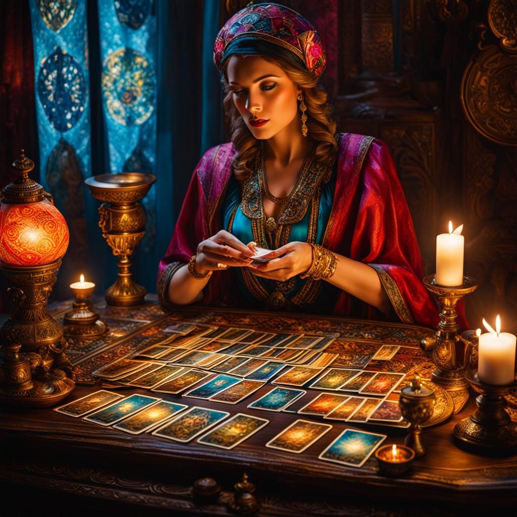 Fortune Teller Arranges Tarot Cards: Fantasy Photograph