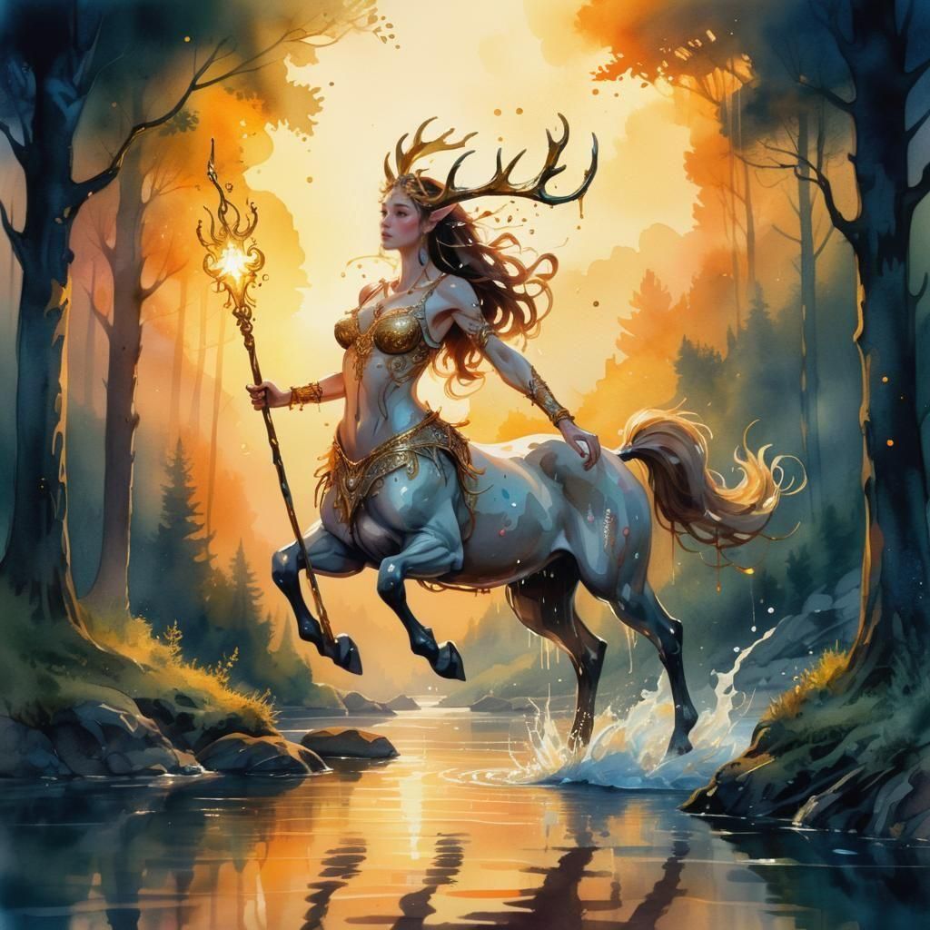 Fantasy Centaur with Glowing Staff in Watercolor