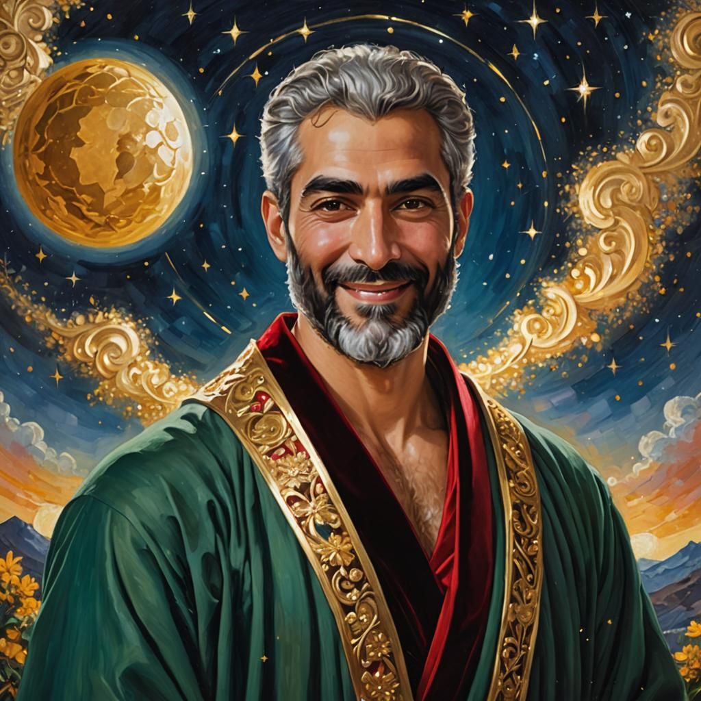 Radiant Portrait of a Smiling Man in Divine Oil Painting