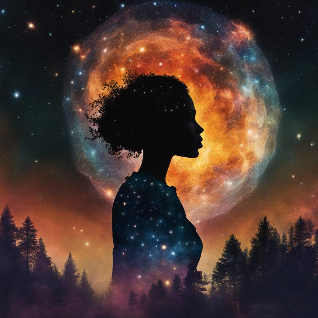 Double Exposure Silhouette with Galaxy and Nature