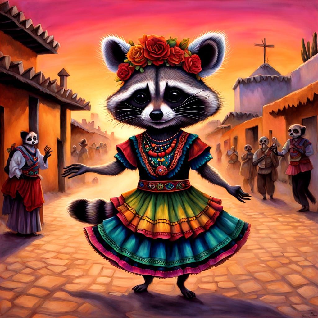Young Female Raccoon Dances in Traditional Mexican Outfit