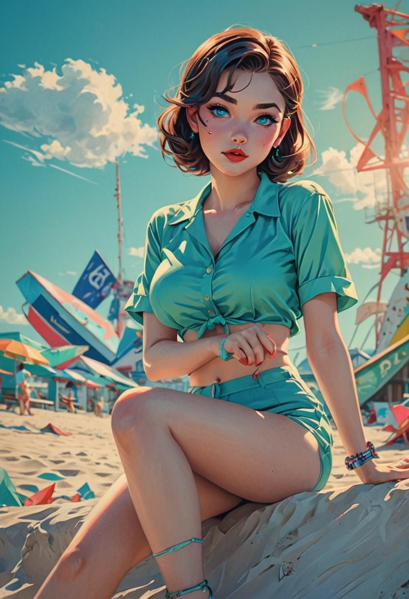 Anime Pin-Up Girl on Beach in 3D Art