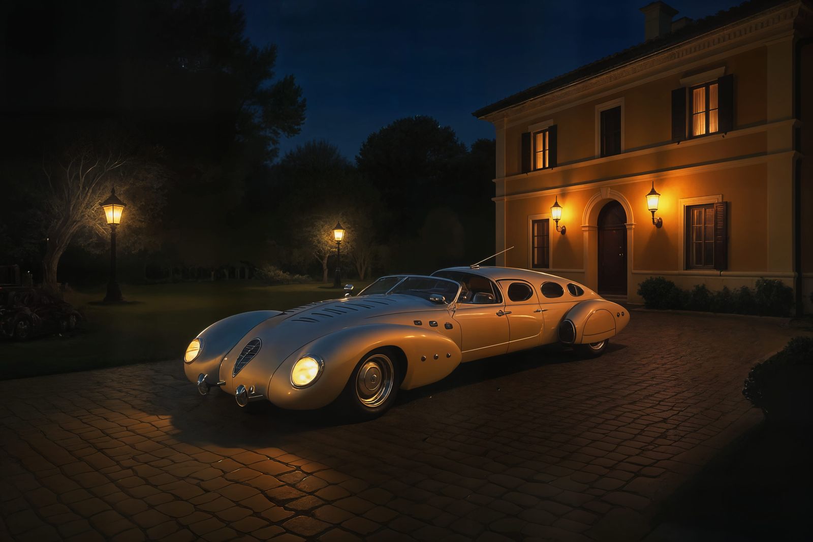 Limousine in Ancient Roman Villa at Night