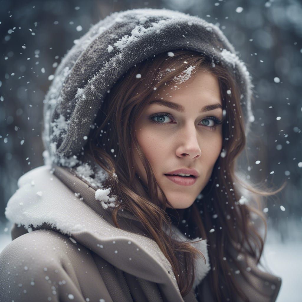 Charming Woman Biting Apple in Snowy, Futuristic Scene