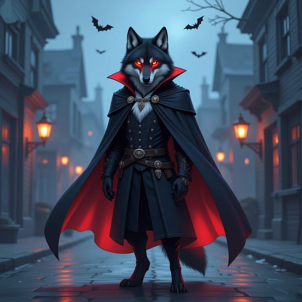 Vampire Wolf in Elegant Cape on Haunted Halloween Street