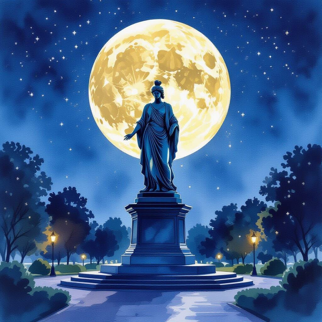 Moonlit Park Statue Scene in Watercolor Style