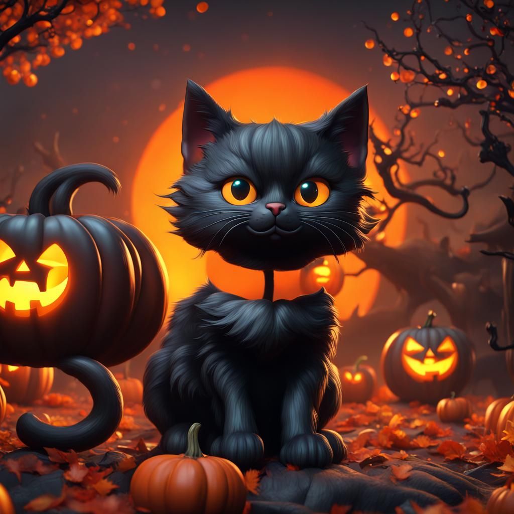 Halloween Cats in Evening Scene, 3D Render