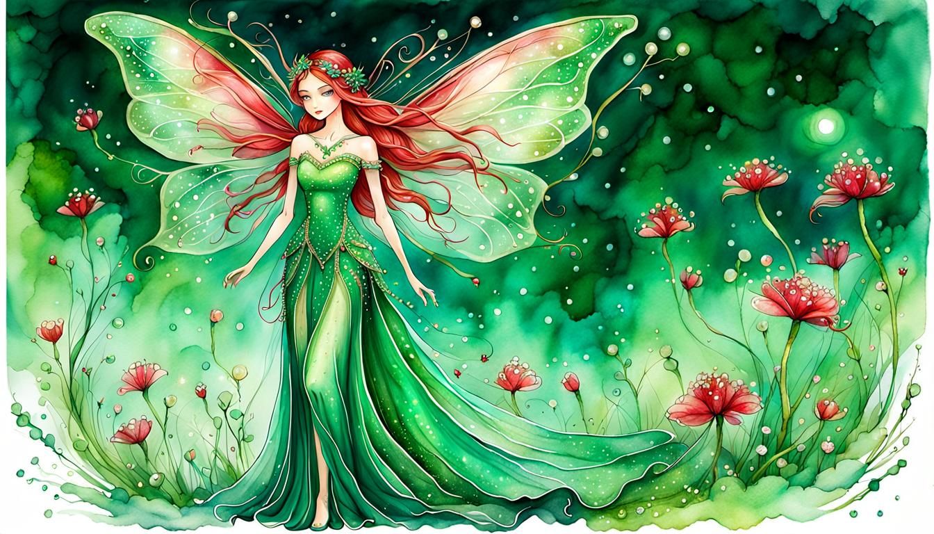 Green and Red Fairy in Diaphanous Gown