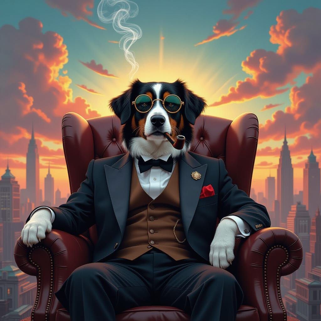 Regal Dog in Armchair Amidst Swirling Cityscape