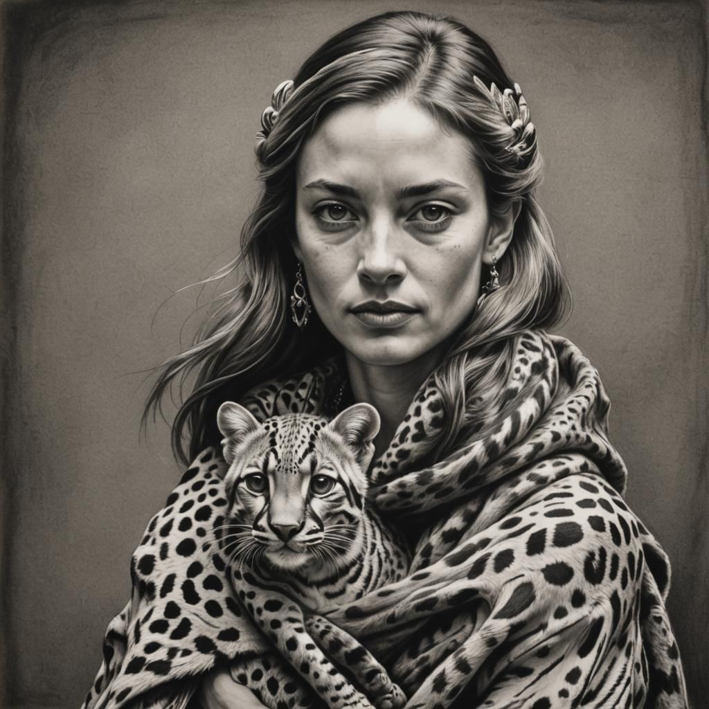 Woman with Ocelot: Hyperdetailed Charcoal Drawing