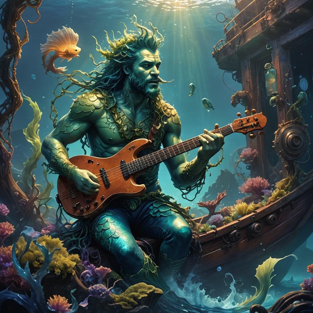 Merman's Song on Sunken Ship: Fantasy Art