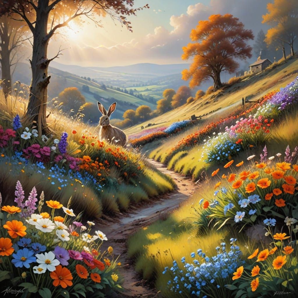 Autumnal Hare in Flower-Filled Landscape, Haenraets Style