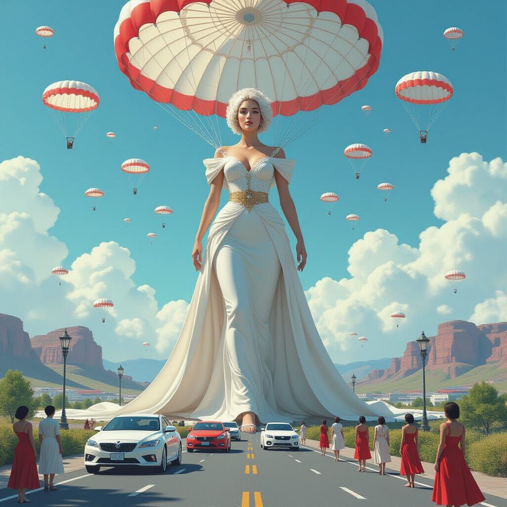 Colossal Woman Central to Roads and Parachutes