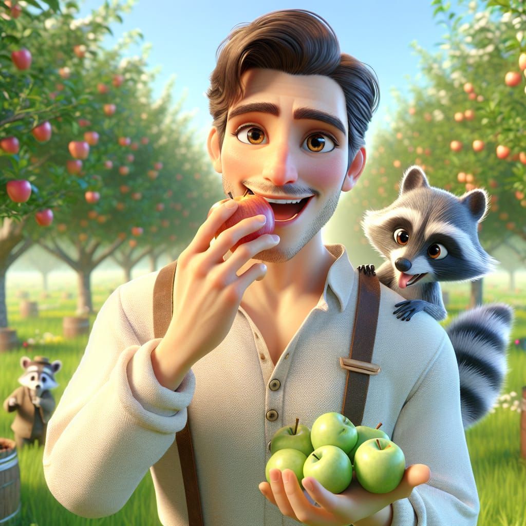 Disney Pixar style 3D handsome man Johnny Appleseed, eating an apple, scattering appleseeds in an apple orchard with sma...
