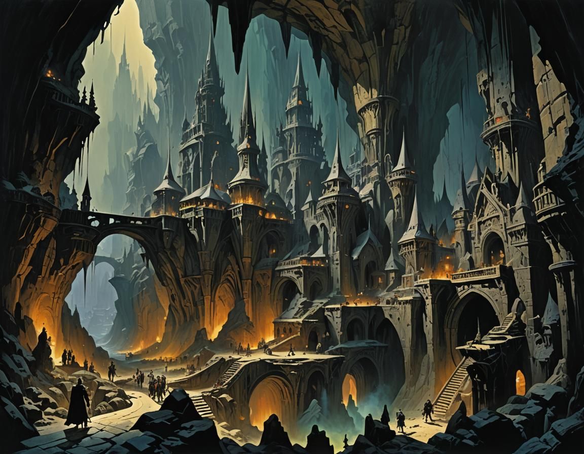 Ominous Grimdark Underground City in Dark Fantasy Style