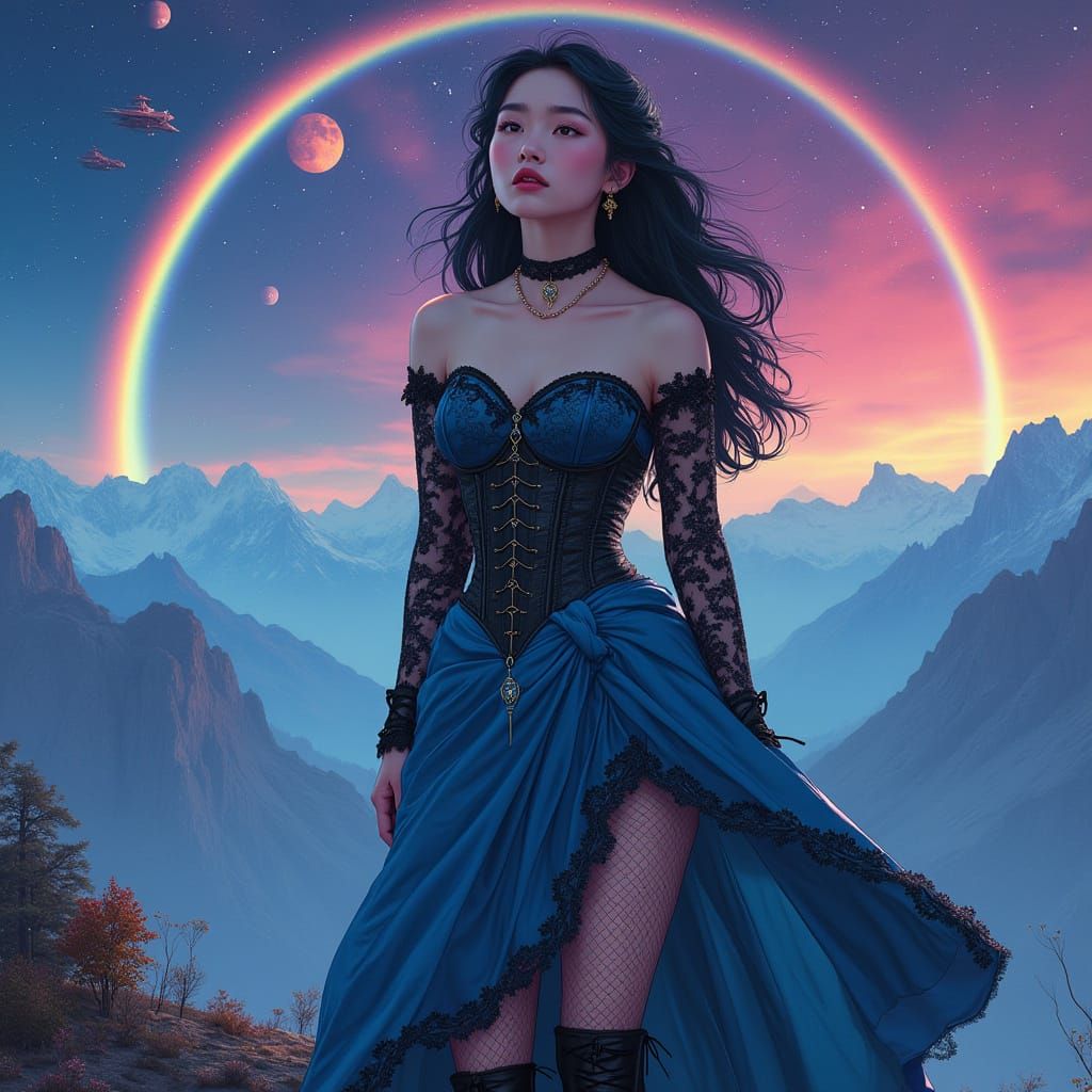 Korean Author on Bifrost Rainbow Amidst Space and Mountains