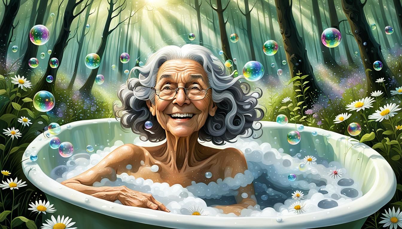 Whimsical Forest Bath: Elderly Woman in a Tub