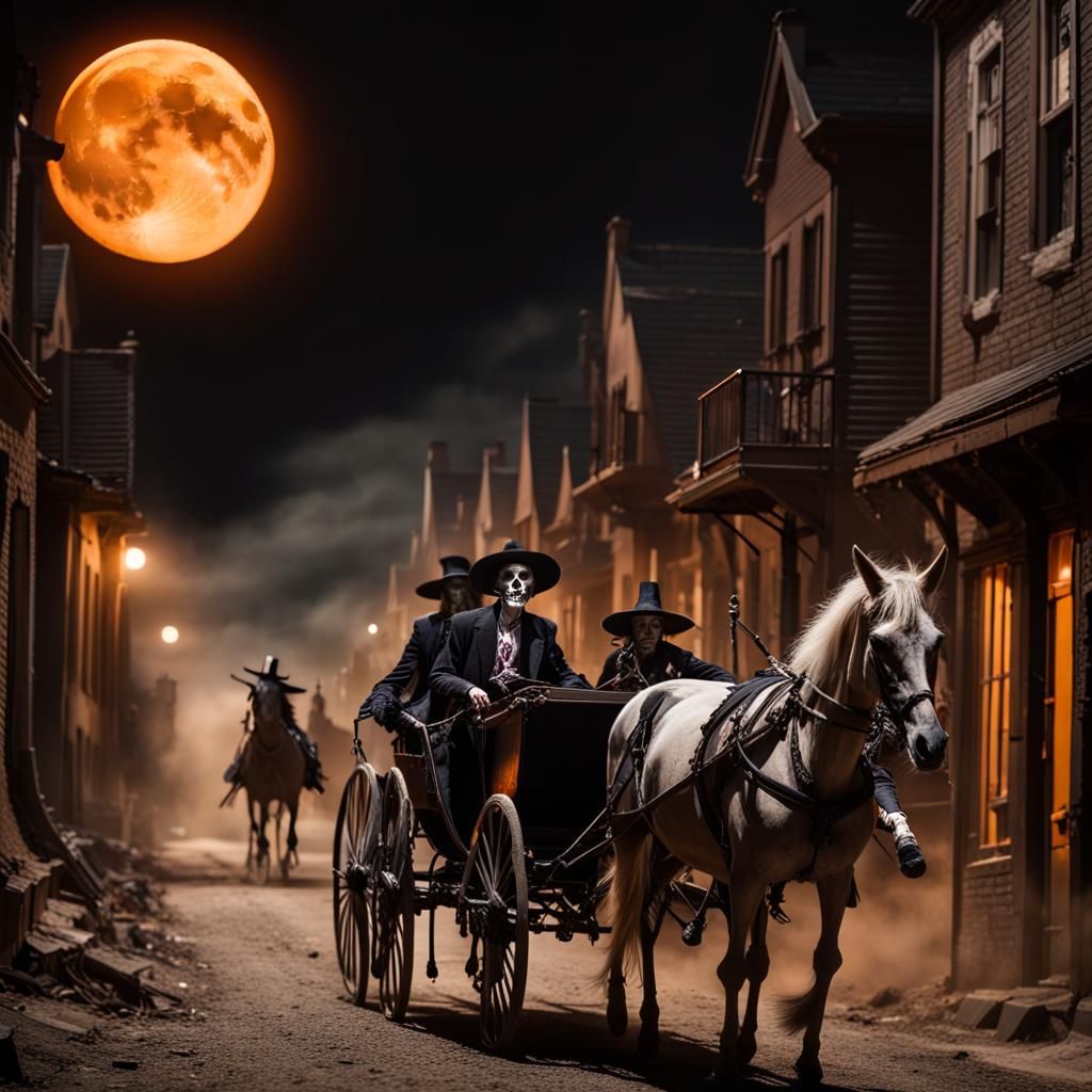 Sinister Ghost Town Under Orange Halloween Moon